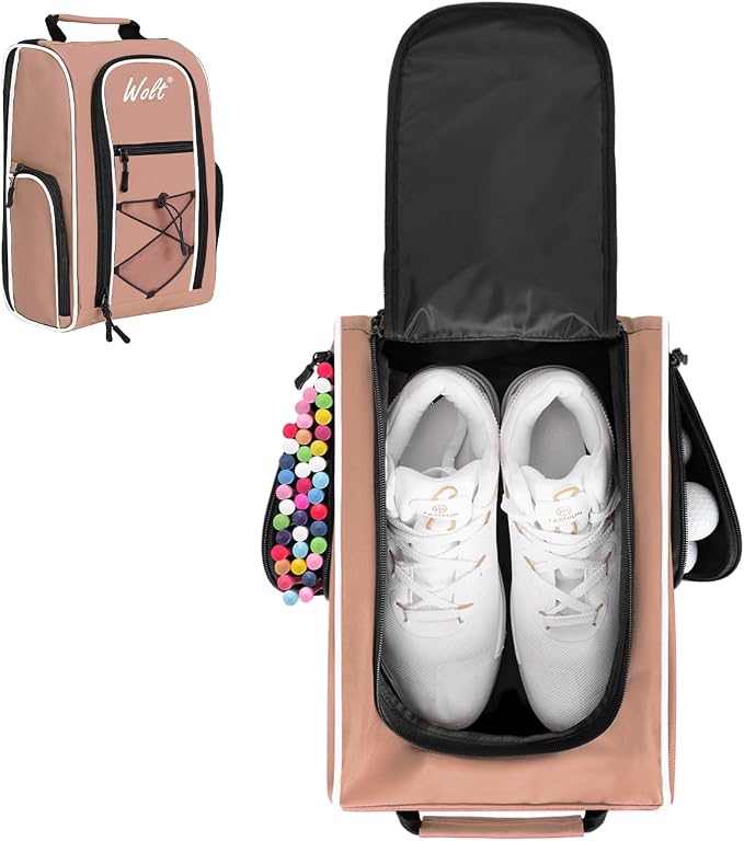 Wolt |Golf Shoe Bag for Travel- Zippered Shoes Carrier Bags with Ventilation & Double Outside Accessory Pocket for Socks, Tees, Golf Balls, Etc. for Women and Men (LightPink)