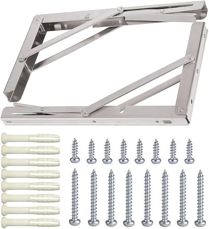14 Inch Folding Shelf Brackets, 2 Pack Stainless Steel Heavy Duty L Bracket | Max Load 330 lb, Space Saving Design for DIY, Wall Mounted Collapsible Folding Shelf Bracket Support for Workbench, Garage