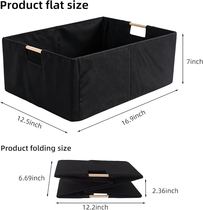 2 PACK Black Basket Black Storage Baskets Linen Decorative Storage Bins with Wooden Handles Foldable Rectangular Storage for Shelves, Closets, Home, Office