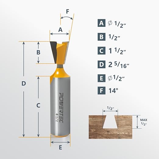 POWERTEC 14 Degree Dovetail Router Bit, 1/2" Shank, 1/2" Cutting Diameter, 1/2" Cutting Length, Tungsten Carbide Tipped Woodworking Router Bits for use on CNC Machine and Router Tool (73052V)