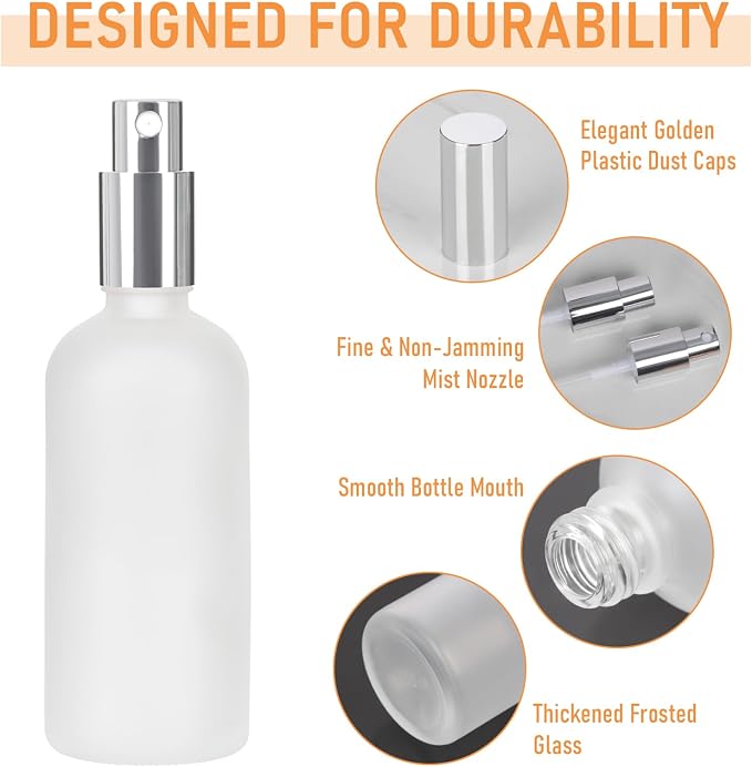 AuroTrends 3.4oz Frosted Glass Spray Bottles 2-Pack with Silver Caps | Empty Perfume Atomizers,Refillable Fine Mist,with Dropper & Stickers,for Travel,Face,Body,Hair,DIY Scents,Hydrating Spray