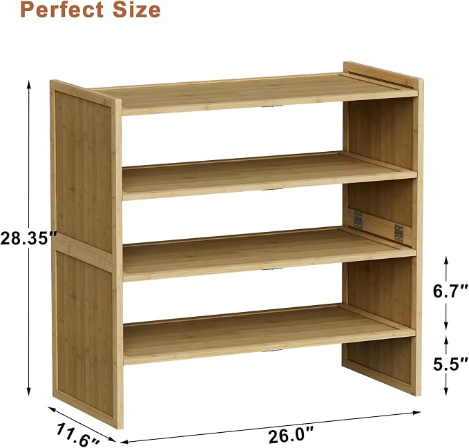 4 Tier Bamboo Shoe Rack, Tall Wood Shelf for Closet | 4 tiers maximize vertical space. 6.7in height fits boots. Great for living room, closet, balcony.