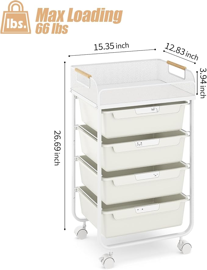 SYKIARIOL 4-Drawer Rolling Storage Cart with Mesh Top, Utility Craft Organizer Cart on Wheels with DIY Labels, Rolling Drawer Cart for Home Office Classroom Bedroom, White