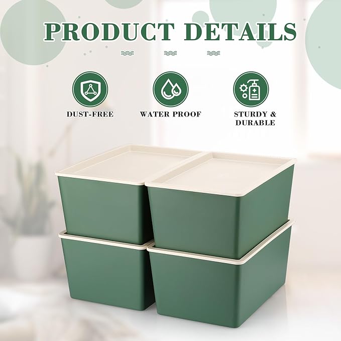 Menkxi 4 Pcs Storage Bins with Lids Plastic Stackable Containers for Organizing Shelves Christmas Ornament Box Baskets(Green,Large)