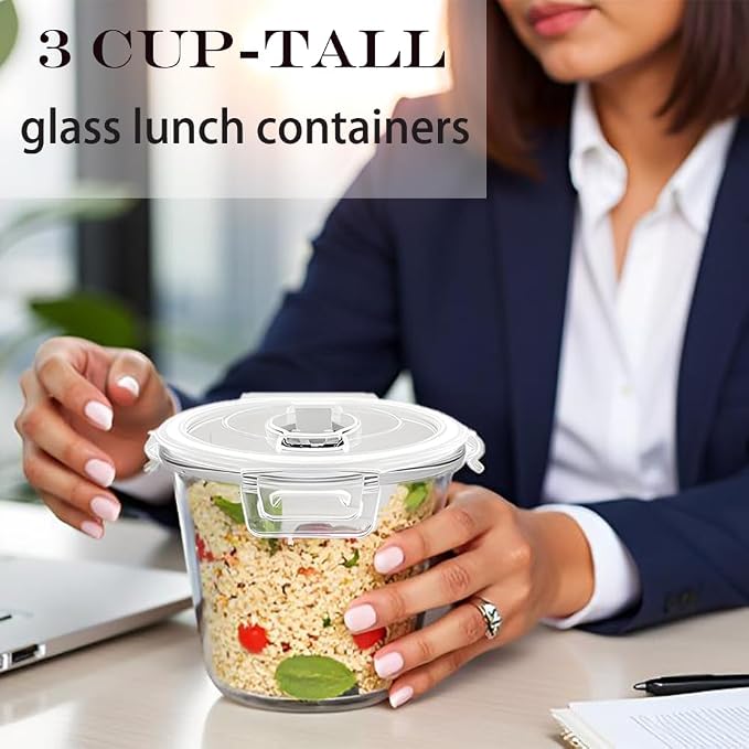H.JSS WDJS 3 Cup Round Glass Meal Prep Containers with Lids,24oz Glass Food Storage Containers with Spoons, Heat-Resistant BPA-Free for Soup, Leftover, Oven, Dishwasher, Fridge, Freezer Safe (2 Pack)