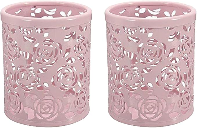 2 Pack Hollow Rose Flower Pattern Metal Pen Pencil Pot Cup Holder Desk Container Organizer,2 Pieces,Pink