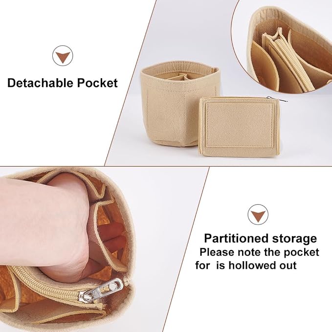 WADORN Small Felt Purse Organizer Insert, Handbag Insert Liner for LV Cannes Round Bucket Bag Organizer Barrel Bags Interior Inserts Accessories for Bucket Makeup Bag, 5.11x4.65 In, Beige