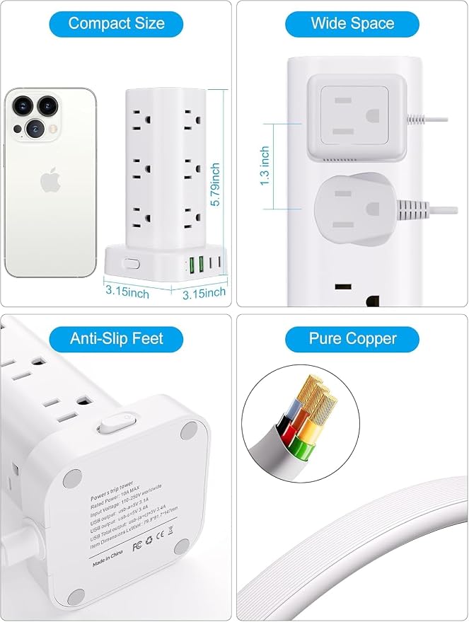 Power Strip Tower with Multiple Outlets, Flat Plug Surge Protector Tower Extension Cord with 12 AC Outlets 4 USB Ports (2 USB C), 15FT Cord Power Tower Surge Protector for Home Office Dorm Room, White