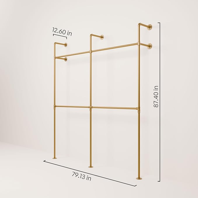 pamo Industrial Clothing Rack Wall Mounted Gold – 79" W × 87" H, 660 lbs | Heavy Duty Pipe Closet System in Gold Powder Coated Steel, Scratch-Resistant, Double Rod, Easy Assembly