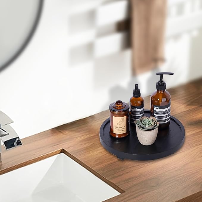 Round Decorative Tray Wood Bathroom Counter Organizer Farmhouse Kitchen Decor Wooden Riser for Soap Dish, Perfume, Candle, Sponge, 10" - Black | Waterproof, Lightweight, Easy Clean, Wood Riser Pedestal Stand Accessories for Office Desk, Vanity, Counter...