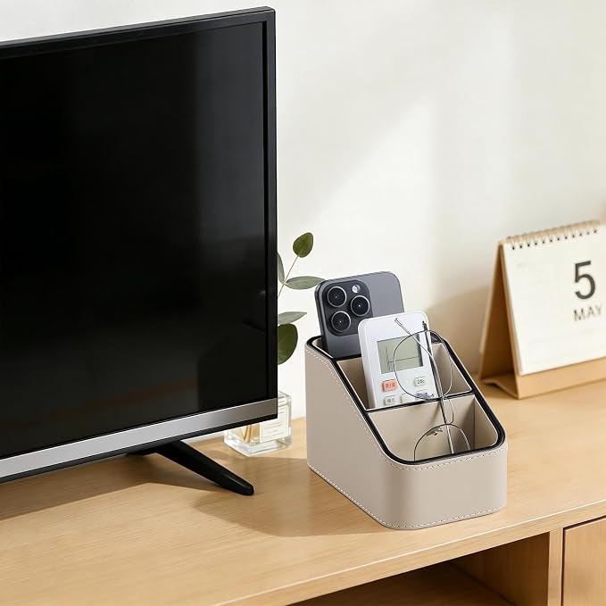 3 Compartments PU Leather Remote Control Holder, TV Remote Holder for Couch | Small Pen Desk Organizer for Office Bedside Living Room, Remote Caddy Nightstand Organizer
