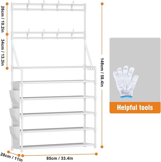OYREL Shoe Rack 5 Tier Shoe Racks Organizer 20-25 Pairs for Closet | Entrance Shoe Storage Shelf with Hooks and Side Pocket Entryway Shoe Holder Space Saving Free Standing Shoe Racks