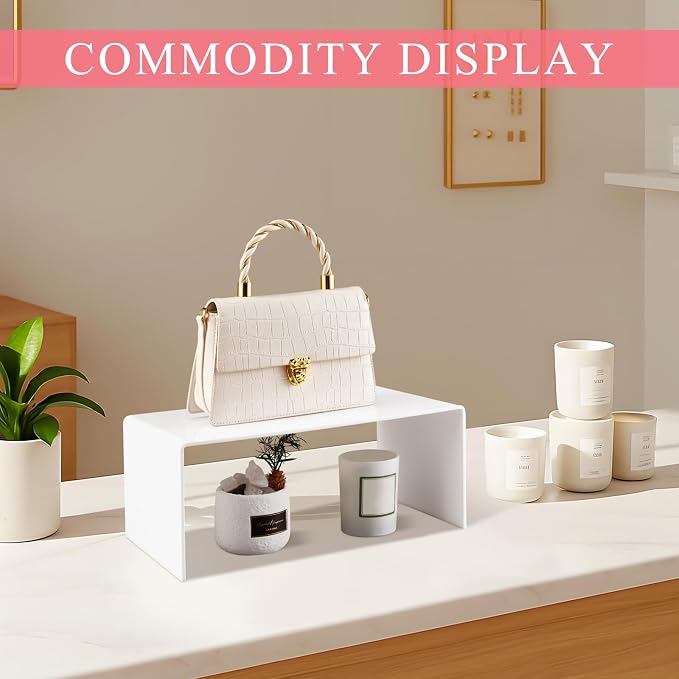 RattanView 2 Pcs 14 Inch Large Acrylic Risers Display Stands 5 mm Thick Acrylic Shelf Riser Showcase for Collectibles Jewelry Cupcakes Food Figures Perfume Cabinet (White)