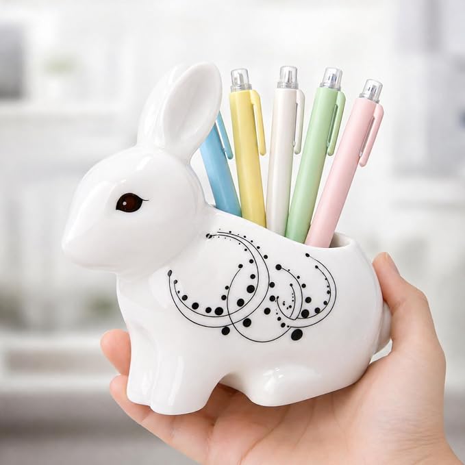 Ceramic Rabbit Shaped Pen Pencil Holder for Desk Decoration Accessories Rabbit Decor Makeup Brush Pen Cups Office School Ideal Gifts for Women, Mom or Birthdays