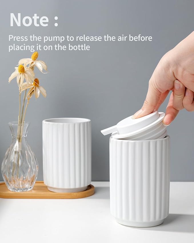 Soap Dispenser, Liquid White Ceramic Refillable Hand Soap Pump for Bathroom Kitchen, 10.5OZ Lotion Dispenser Dish Soap Dispenser, Modern Stripe Design, ANTIS'S HOME