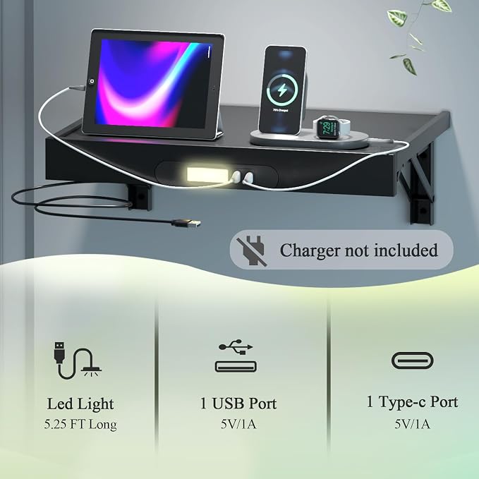 TEAMIX Floating Nightstand with Charging Station, Wall Mounted Folding Bedside Shelf Combo Nightstand with Led Light USB Type C Ports, Space Saving Bed Side Tray Storage for Bedroom, Living Room, Dorm