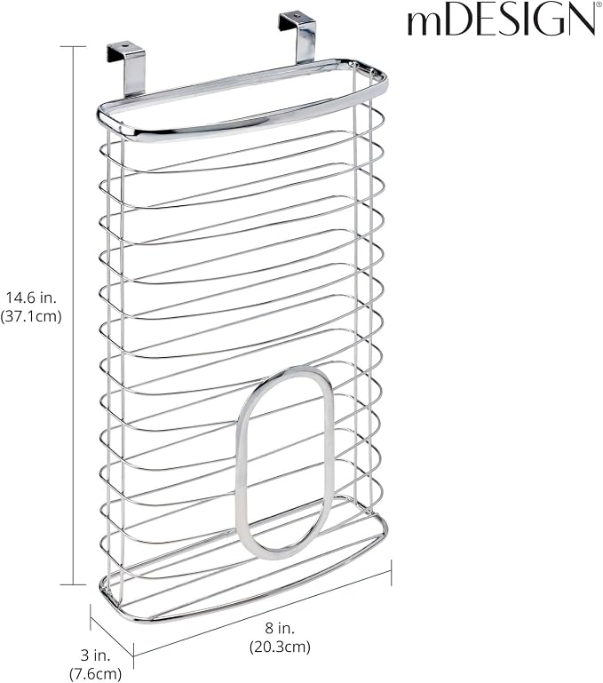 mDesign Steel Hanging Cabinet Storage Organizer Holder for Kitchen, Pantry - Holds Plastic, Sandwich, Garbage, Grocery and Trash Bags; Wrap, Foil, Pack - Spira Collection - Chrome
