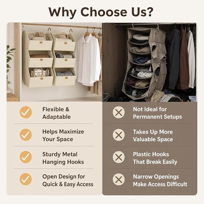 Hanging Closet Organizer 3 Tier - Hanging Shelves for Closet, Fabric Closet Organizers and Storage, Space-Saving Clothes Organizer System, Collapsible Bins for Home, Bedroom, Dorm, RV (6 Pack)