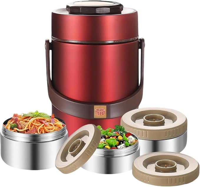 67oz Vacuum Insulated Lunch Food Container for Hot Food, 3 Tier Stackable | Adults Stainless Steel Wide Mouth Thermal Lunch Box, Leak-Proof Thermo Food Jar for Office & Outdoor (Red)