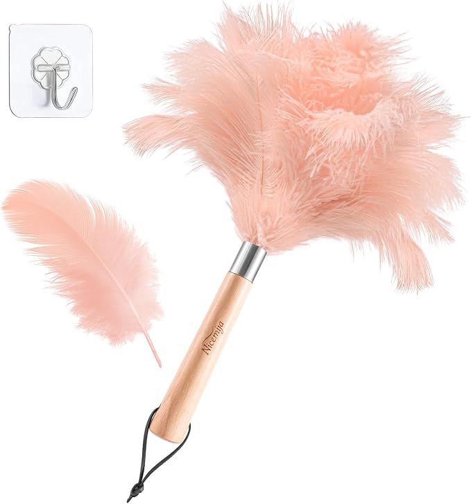 Pink Ostrich Feather Duster with Wooden Handle, 13.5 inch Natural Fluffy Cleaning Tool for Dusting Home, Car, Delicate Surfaces, Reusable Decorative Duster for Ledges, Blinds & Delicate Home Decor