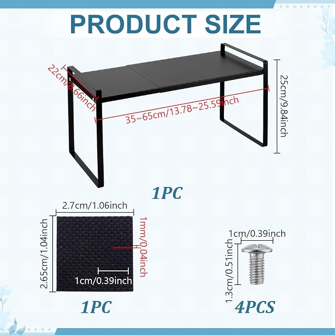 AHANDMAKER Adjustable Pantry Organizers Shelf Expandable 13.78 to 25.59inch Heavy Duty Alloy Freestanding Organizer for Under Sink Countertop Home Storage, Black