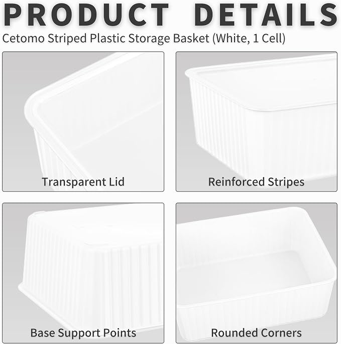 Cetomo Plastic Underwear Drawer Organizer with Lid, Lidded Storage Box for Bras, Plastic Basket for Closet and Shelf, Stackable, White (31 x 24 x 11 cm)