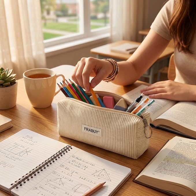Soft Corduroy Pencil Case Pen Pouch Organizer, Small Stationery Bag | Cute white pencil pouch, smooth zipper, daily cosmetics holder, compact organizer for school teen girls, women