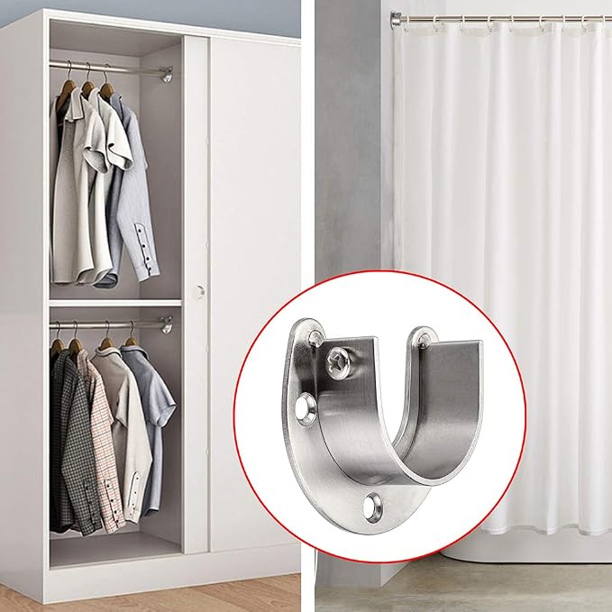 OwnMy 4 Packs Closet Rod End Supports Brackets 1-1/2" Diameter, Silver | U Shaped Stainless Steel Closet Pole Sockets, Flange Rod Holder for Closet Wardrobe Shower Curtain Rod Holders