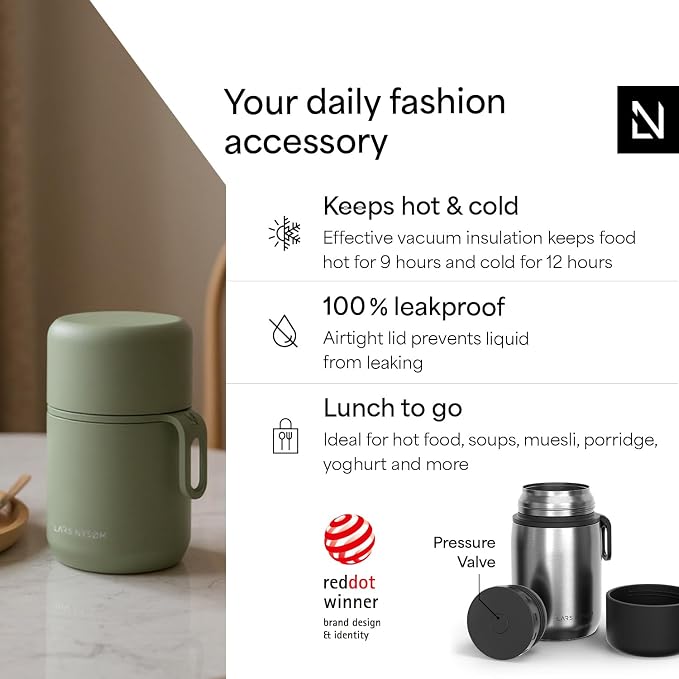 LARS NYSØM Stainless Steel Vacuum Insulated Food Jar - Leakproof Lunch Pot & Lunch Jar for Hot and Cold Food, Wide Mouth, Portable Soup Container for Work & Travel (Stainless Steel, 24oz)
