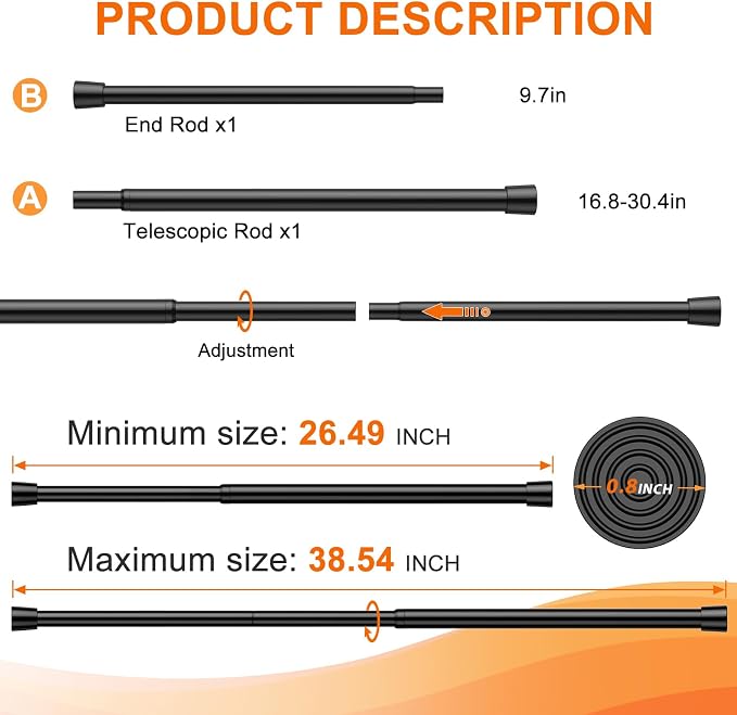 2Pack Tension Curtain Rod 26-39 Inch Adjustable Spring Loaded Curtain Rods No Drilling Extendable Curtain Rods for Window Bookshelf Kitchen Bathroom Closet Storage, Black