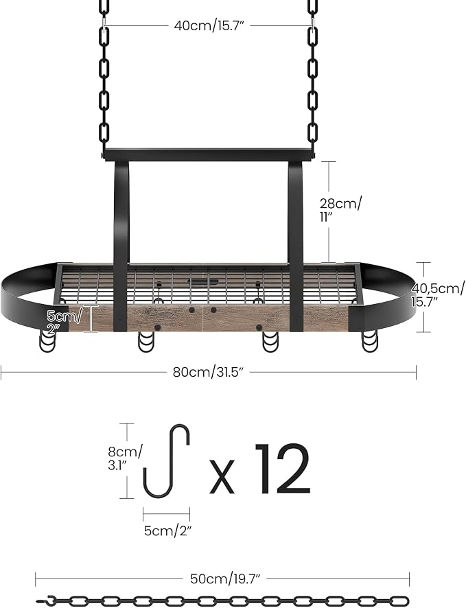 CHOEZON Hanging Pot Rack, Pot Hanger for Kitchen, Ceiling Mounted Pot Holder, Cookware Organizer with 12 S-Shaped Hooks, for Pot, Pan Storage, Space-Saving, Greige and Black TPR08BGC1