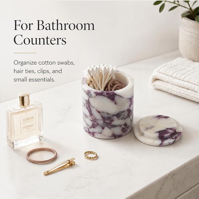 Natural Marble Round Jar with Lid, 4.13 in | A round marble jar that keeps cotton swabs, pads, and hair ties neatly stored with a natural stone accent.