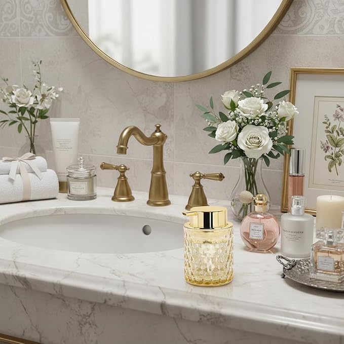 10 Oz Glass Hand Soap Dispenser with Pump, Refillable Bathroom Gold Foaming Soap Dispenser, Vintage Glass Diamond Lotion Container Bottle for Bathroom and Kitchen (2, Amber and Gold)