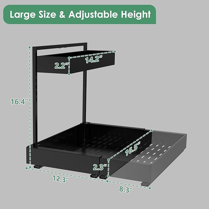 REALINN Expandable Under Sink Organizers and Storage, 2 Tier Under Cabinet Organizer, Heights Adjustable Pull Out Rack for Kitchen Bathroom Laundry, Black, 1 Pack