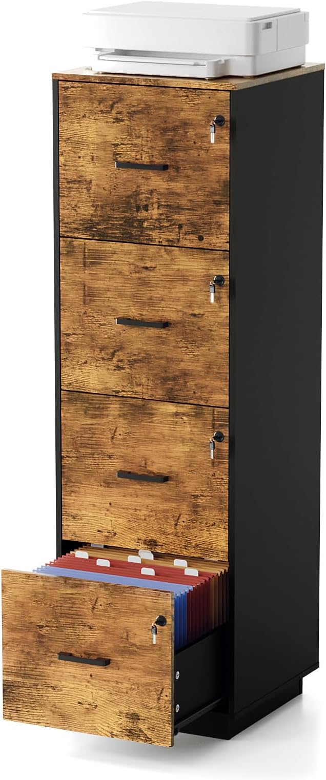 VINGLI 4 Drawer File Cabinet with Lock, Home Office Filing Organizer, for Letter Size File Folder Storage, Wood Tall Vertical Filing Cabinet, Printer Stand, Archivador (Rustic Brown)