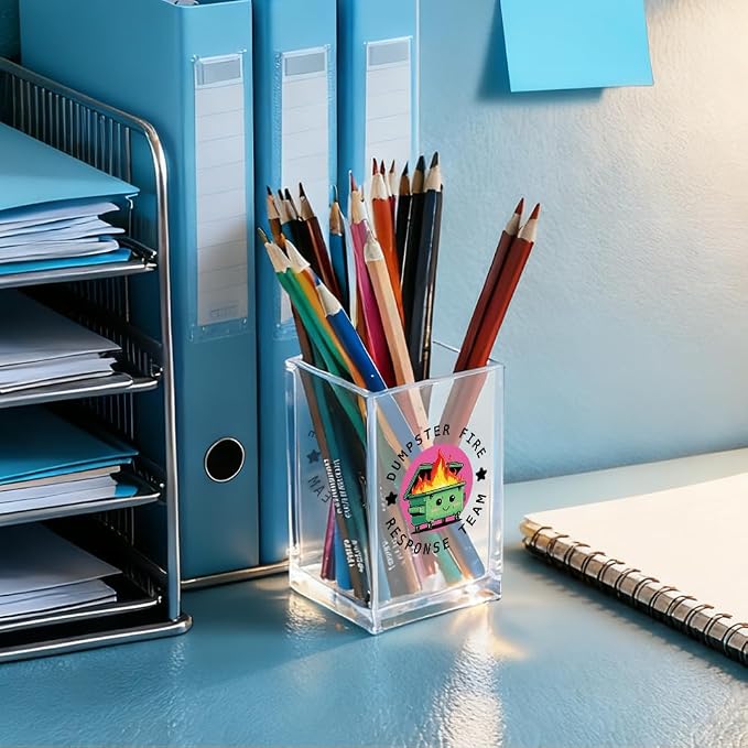 Dumpster Fire Response Team Acrylic Pencil Holder Cup, Funny Dumpster Fire Pen Holder Gifts For HR Nurse Women Men, Hilarious Gifts for Coworkers Team Members, Pencil Cup for Desk