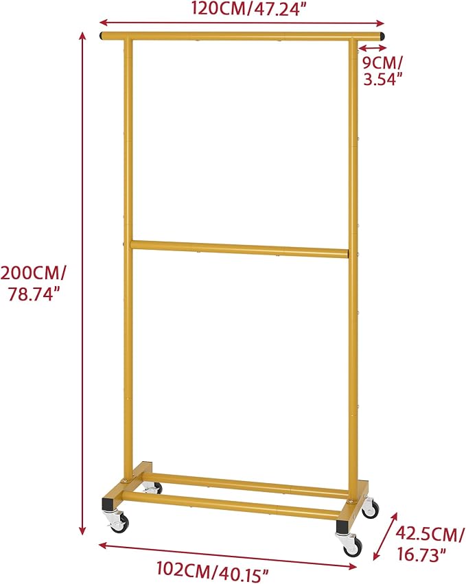 Sywhitta Double Rod Clothing Garment Rack, Rolling Clothes Organizer on Wheels for Hanging Clothes, Easy to Assemble, Adjustable, Gold