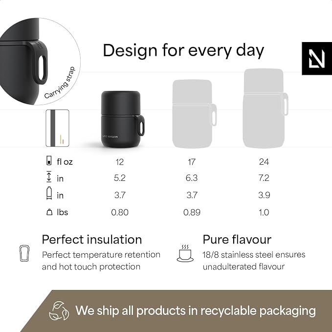 LARS NYSØM Stainless Steel Vacuum Insulated Food Jar - Leakproof Lunch Pot & Lunch Jar for Hot and Cold Food, Wide Mouth, Portable Soup Container for Work & Travel (Carbon Black, 12oz)