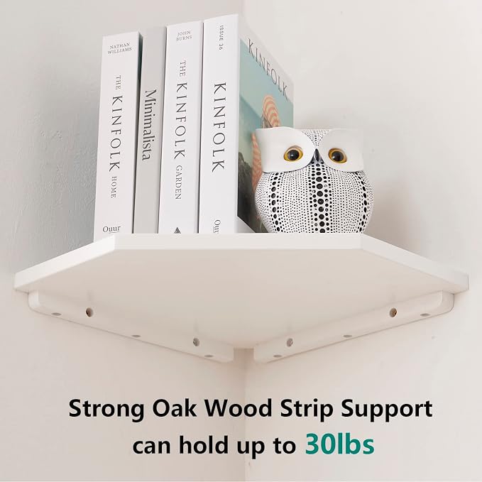 Corner Wall Shelf, Solid Oak Wood White Floating Corner Shelf Organizer with Wire Hole Small Plant Display for Kitchen Living Room Bedroom