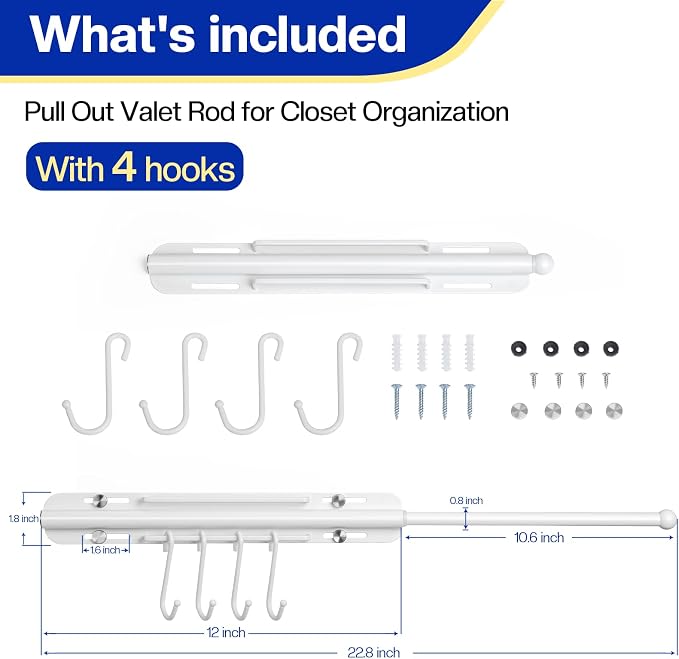 SUTINE 12 inch Valet Rod for Closet Pull Out, Heavy Duty Closet Valet Rods Slide Out, Adjustable Pull Out Closet Rods for Hanging Clothes with 4 Hooks Closet Organizers and Storage (White)