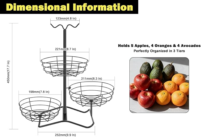 3 Tier Fruit Basket Bowl with 2 Banana Hooks, Solid Metal Standing Vegetable Storage for Kitchen Counter, Large Capacity Organizer for Bread Snack Produce (Black)