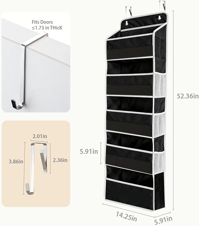 Over the Door Organizer, Door Storage Organizer with Large Capacity Pockets, Hanging Shelves for Bedroom, Closet, Dorm, Pantry (Black, 5-Tier)
