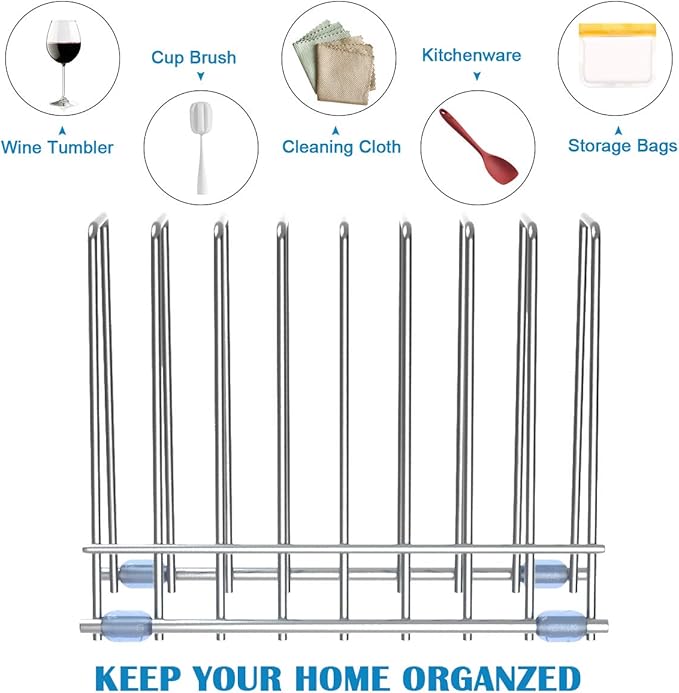 IDEATECH 2 Pack Reusable Storage Bags Rack, Drying Rack for Gallon/Sandwich/Snack Food Bags, Kitchen Stainless Stand for Silicone Baggies Dryer, File Organizer Desktop Storage Book Shelf (2*Sliver)