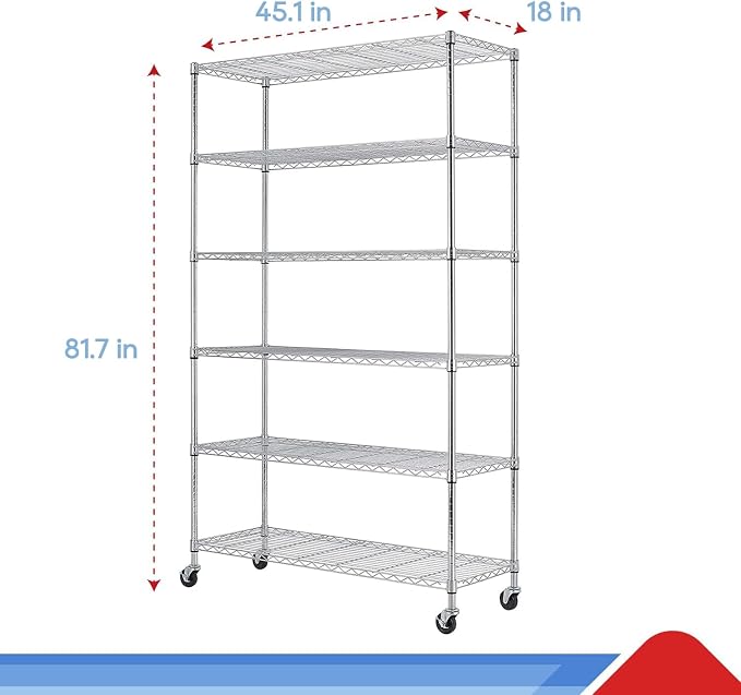 BestOffice Commercial Wire Shelving Unit Metal Shelf Casters Adjustable Layer Rack Strong Steel for Restaurant Garage Pantry Kitchen Garage (45×18×82, Black)
