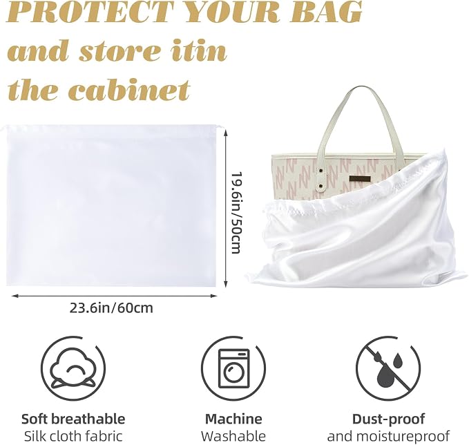 12 Pack Dust Bags for Handbags Travel Storage Pouch Silk Cloth Bag | Drawstring Large Storage Pouch for Handbag Purse Shoes Boots, White 23.6x19.6 Inch
