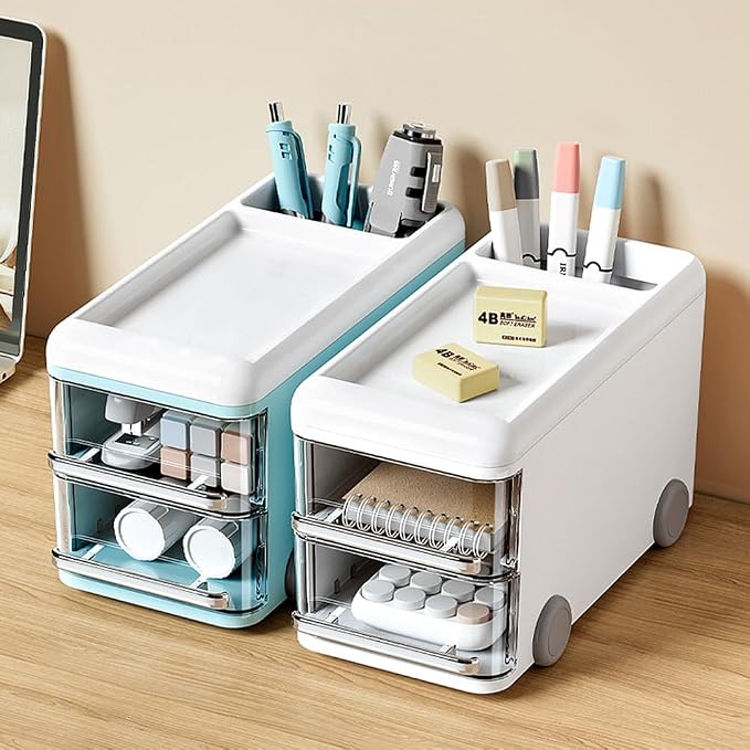 LETURE Cute Desk Organizer with drawers, Plastic Desktop Storage for Business Card/Pen/Pencil/Mobile Phone/Stationery Holder Box, Desktop Organizer for Office School Home (Blue)