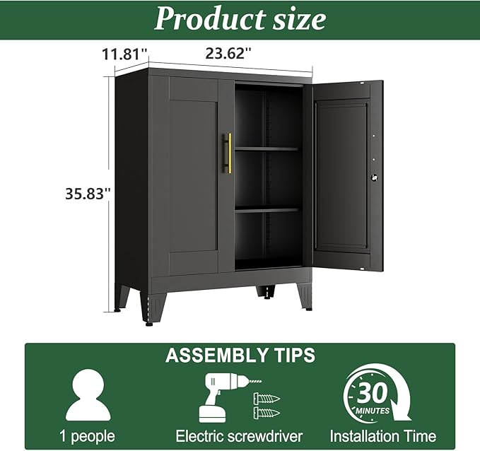Black Metal Storage Cabinet, 36" Tall Locking Storage Cabinet with 2 Adjustable Shelves, Steel Locker Organizer, for Office, Home, School, 11.81" D x 23.62" W x 35.83" H, 2PS