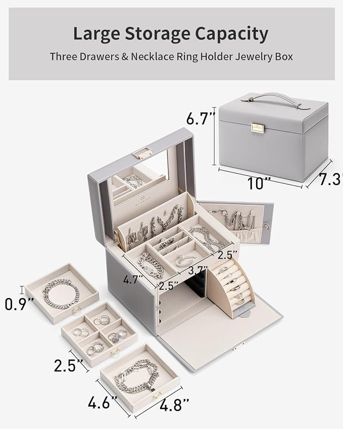 VLANDO Jewelry Box Organizer for Girls Women, Large Baroque Jewelry Holder Organizer with Mirror, 3 Drawers for Bracelets, Earrings, Rings, Necklaces, Mothers Day Gifts for Loved One, Grey