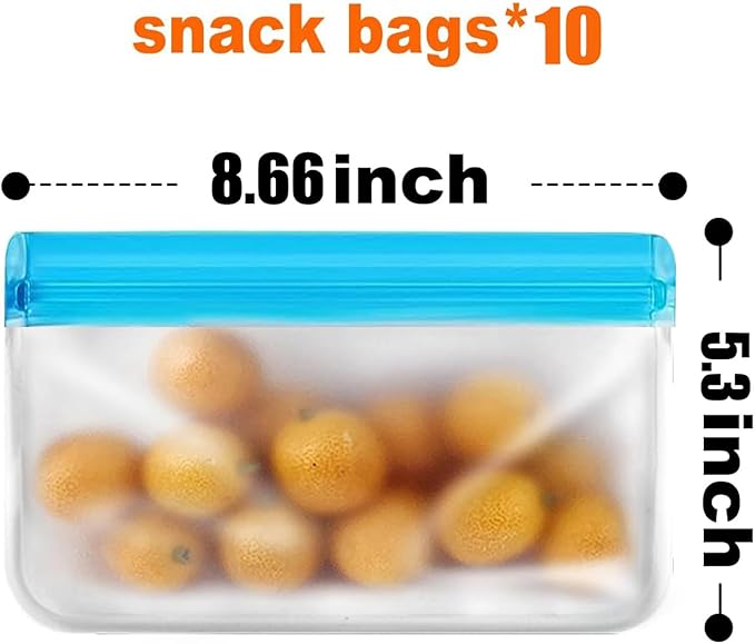 10 Pack Reusable Snack Bags, Extra Thick BPA Free, Dishwasher & Freezer Safe Food Storage Bags for Lunch, Snacks & Home Organization (Blue, 10 Pack Snack Bags)