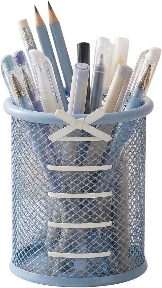 Pen Holder for Desk - Cute Ribbon Bow Wire Mesh Pencil Cup, Lace-up Desktop Organizer for Girls & Teens, Decorative Stationery Storage for Home Office (Blue)
